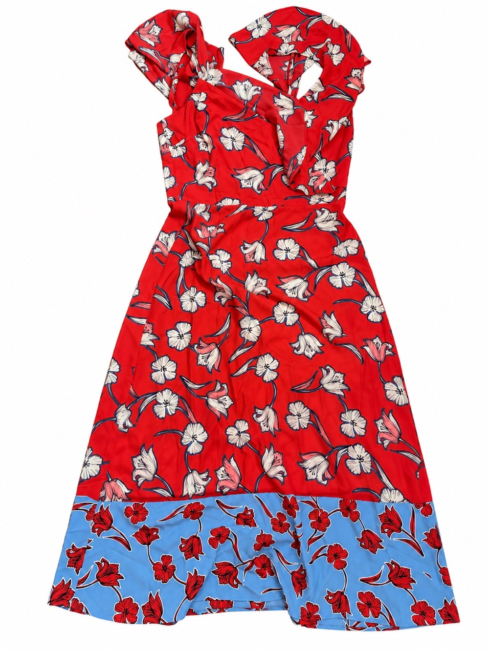 London Times Red Floral Midi Dress with Blue Border